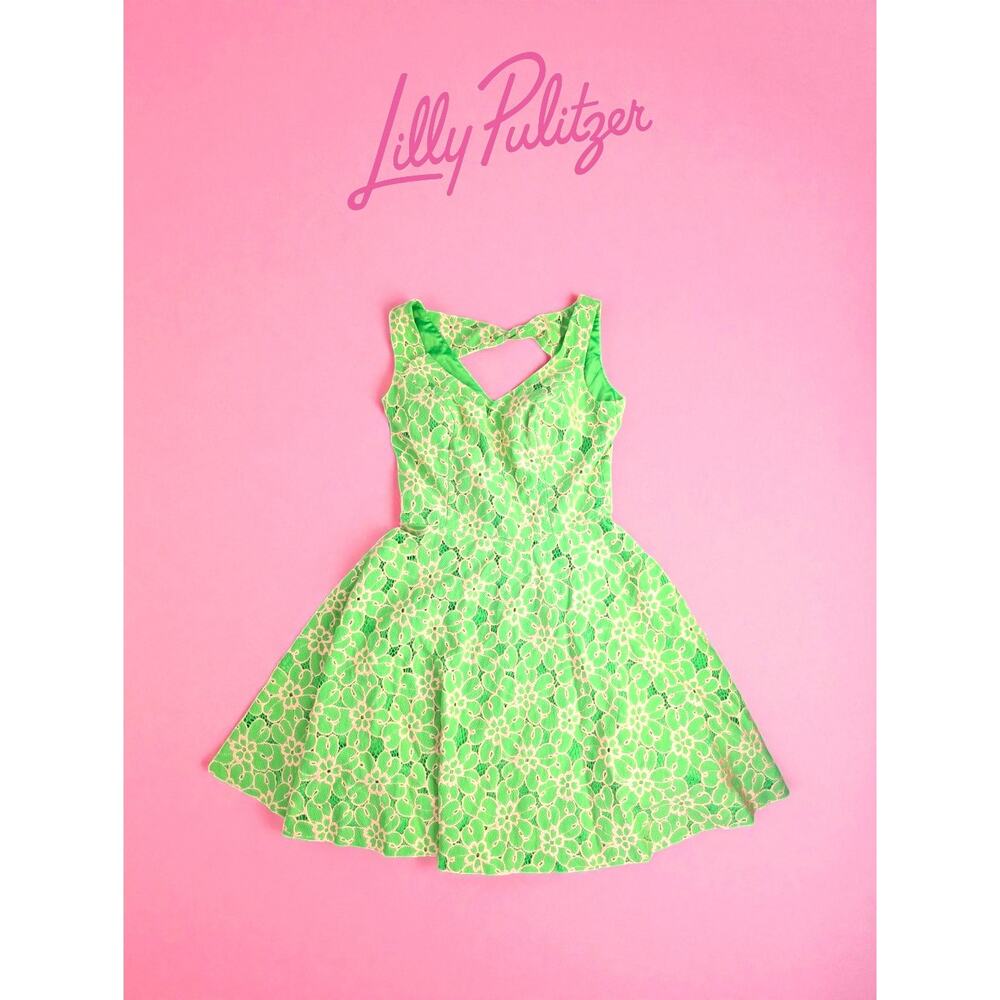 RARE Lilly Pulitzer Green Lace Fit & Flare Dress – Size 0 – EUC